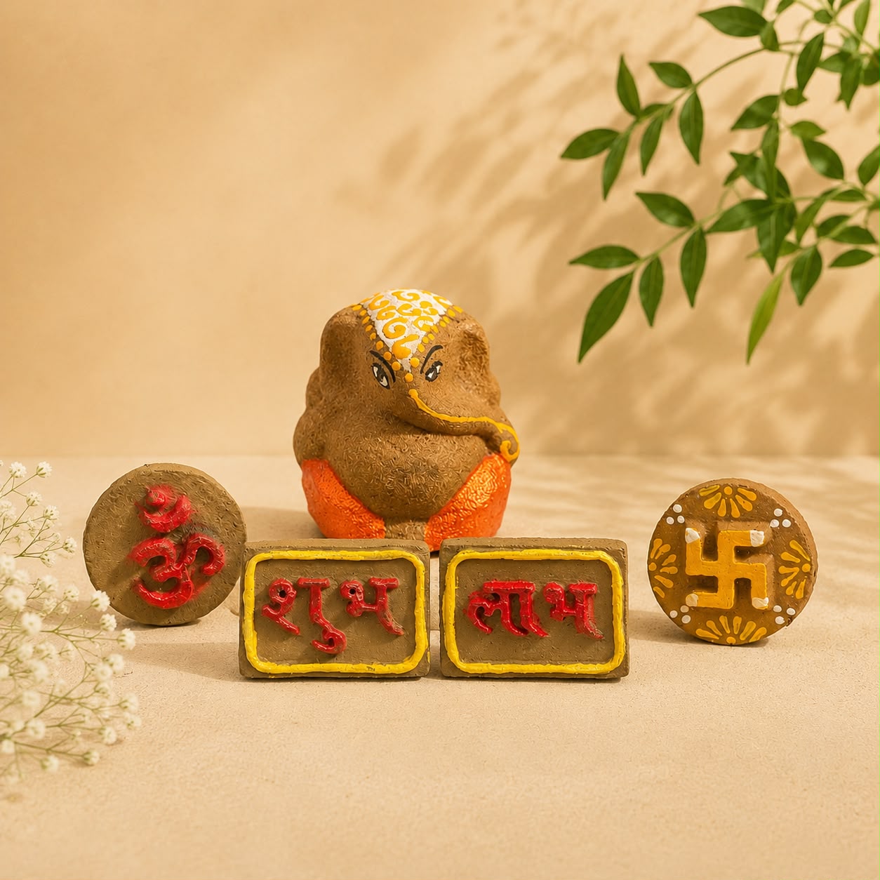 Two lotus-shaped terracotta diyas next to a cream vase with a Warli-style painted band, on gold silk